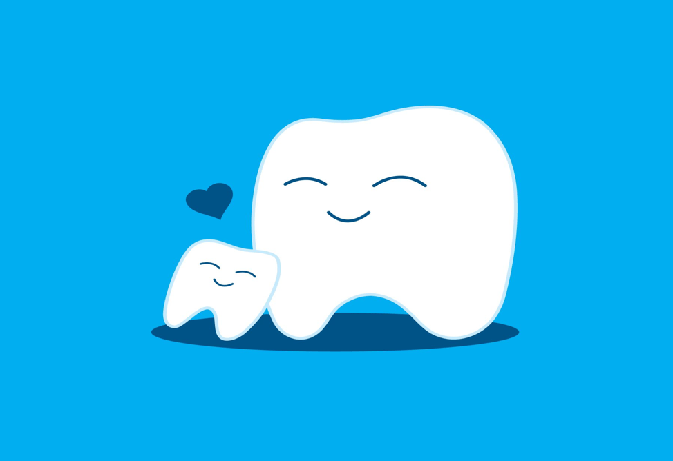 large tooth and small tooth representing parent and child with simple smiley faces and a blue heart